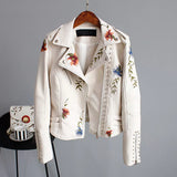 Wild Rose's Floral Print Embroidery Faux Soft Leather Motorcycle Jacket