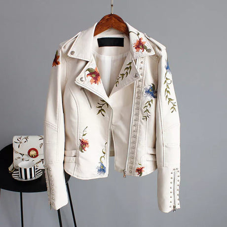 Wild Rose's Floral Print Embroidery Faux Soft Leather Motorcycle Jacket