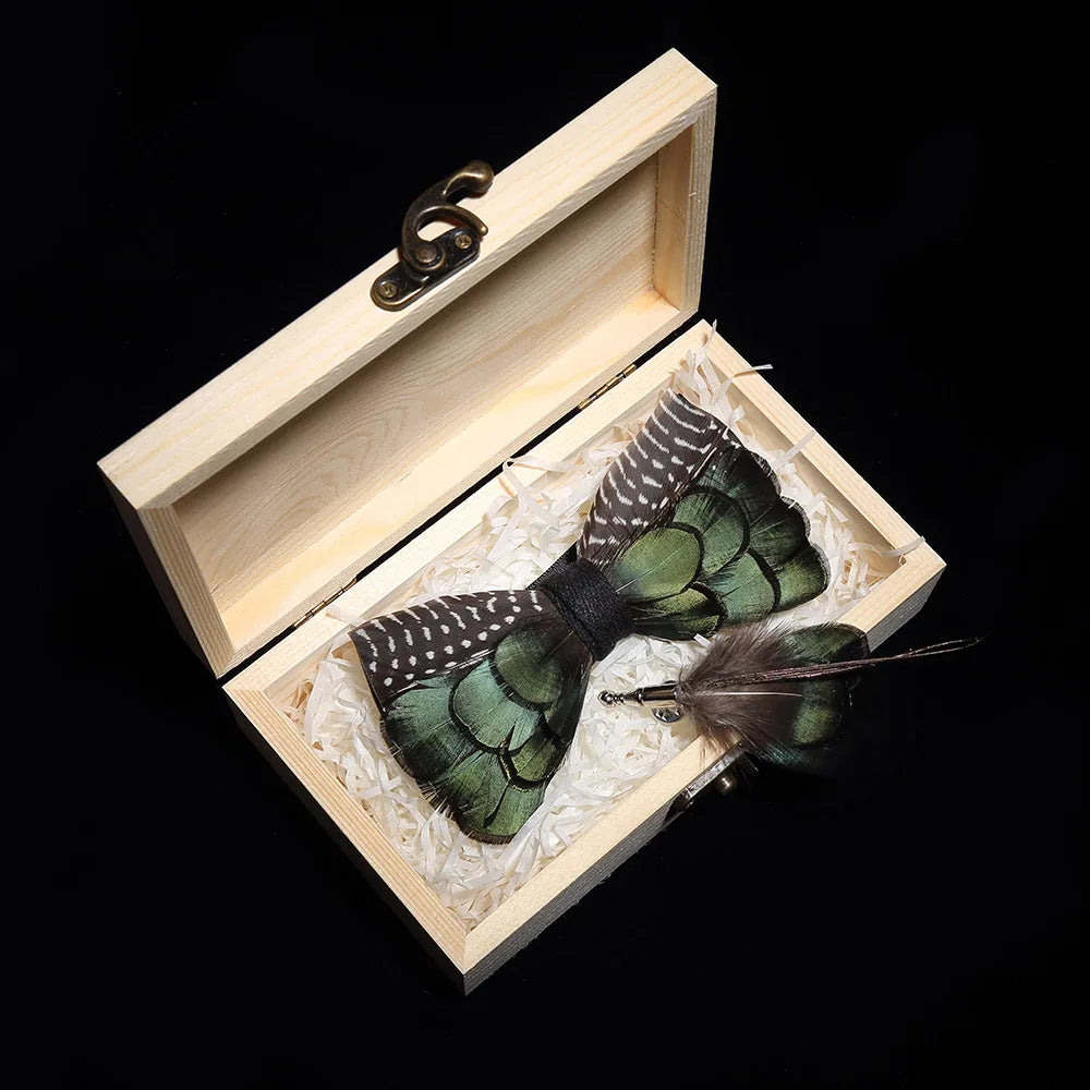 Handmade Woodland Feather Bow Ties & Lapel Pin Gift Box Set