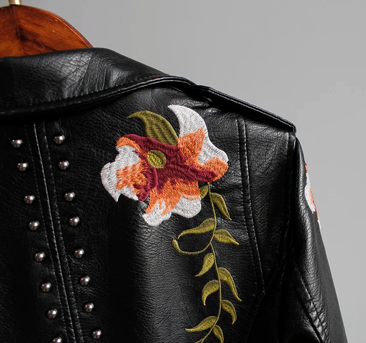 Wild Rose's Floral Print Embroidery Faux Soft Leather Motorcycle Jacket