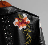 Wild Rose's Floral Print Embroidery Faux Soft Leather Motorcycle Jacket