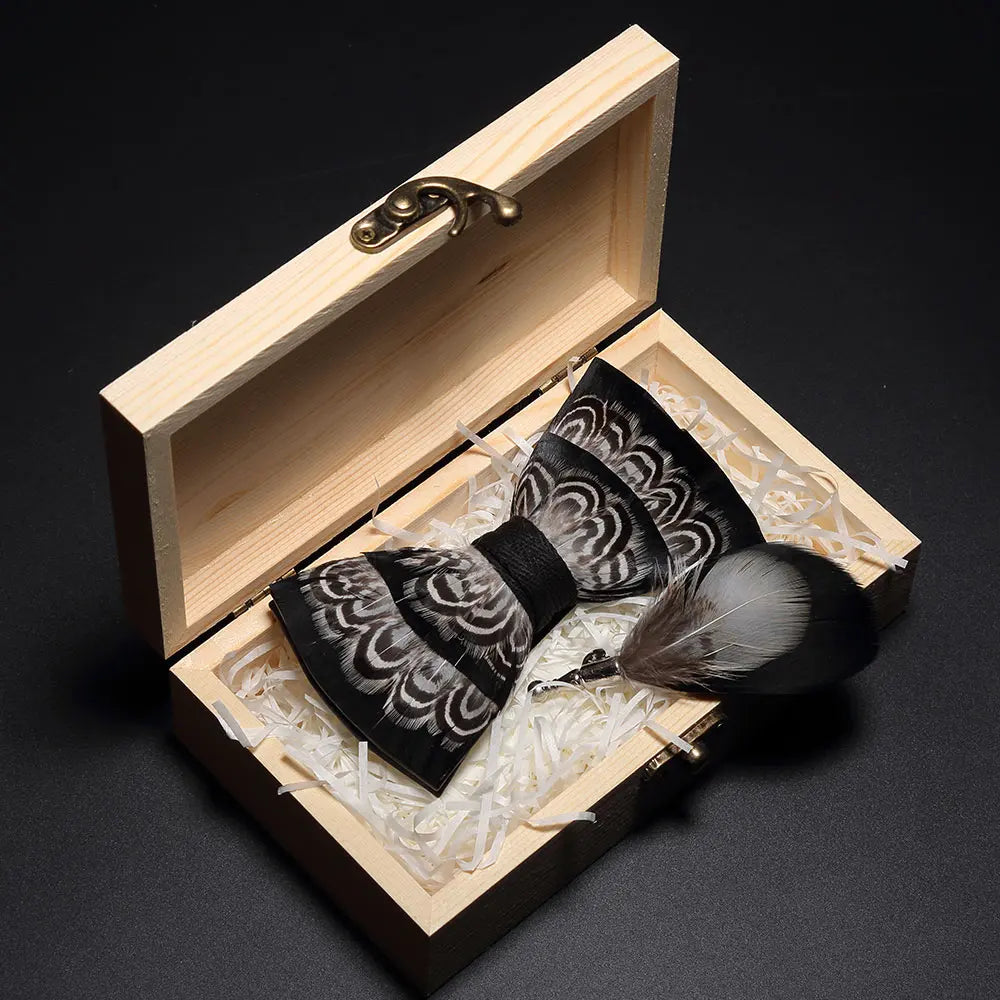Handmade Woodland Feather Bow Ties & Lapel Pin Gift Box Set