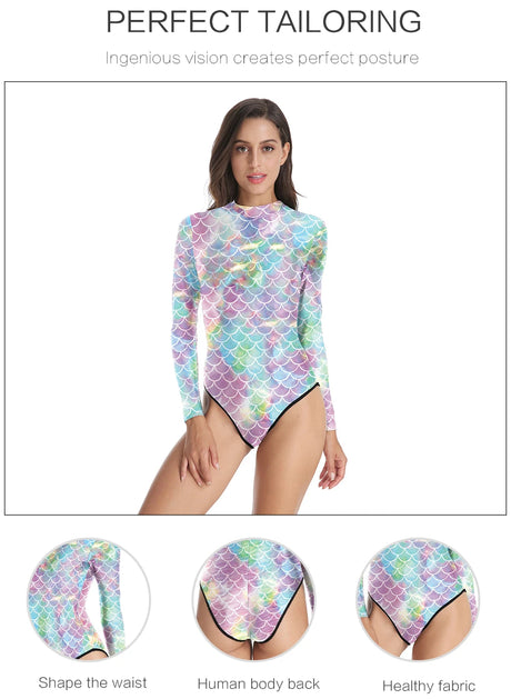 Mermaid Scales Printed Long Sleeve Swimwear One-piece Surfing Swimsuit