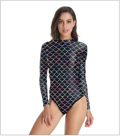 Mermaid Scales Printed Long Sleeve Swimwear One-piece Surfing Swimsuit