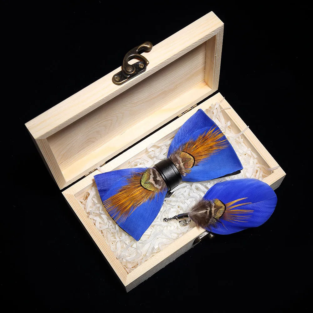 Handmade Woodland Feather Bow Ties & Lapel Pin Gift Box Set