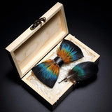Handmade Woodland Feather Bow Ties & Lapel Pin Gift Box Set