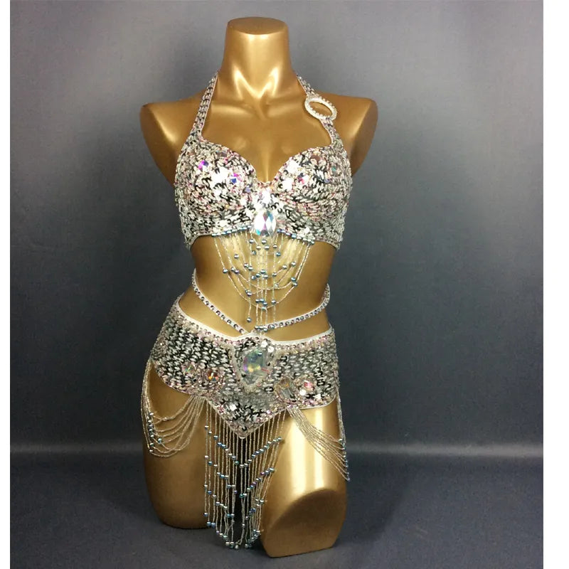 Beaded Sequins Belly Dancing Belt+Bra Samba Costumes