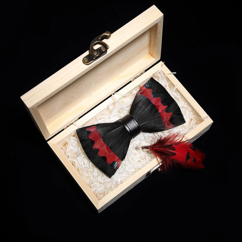 Handmade Woodland Feather Bow Ties & Lapel Pin Gift Box Set