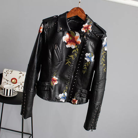 Wild Rose's Floral Print Embroidery Faux Soft Leather Motorcycle Jacket