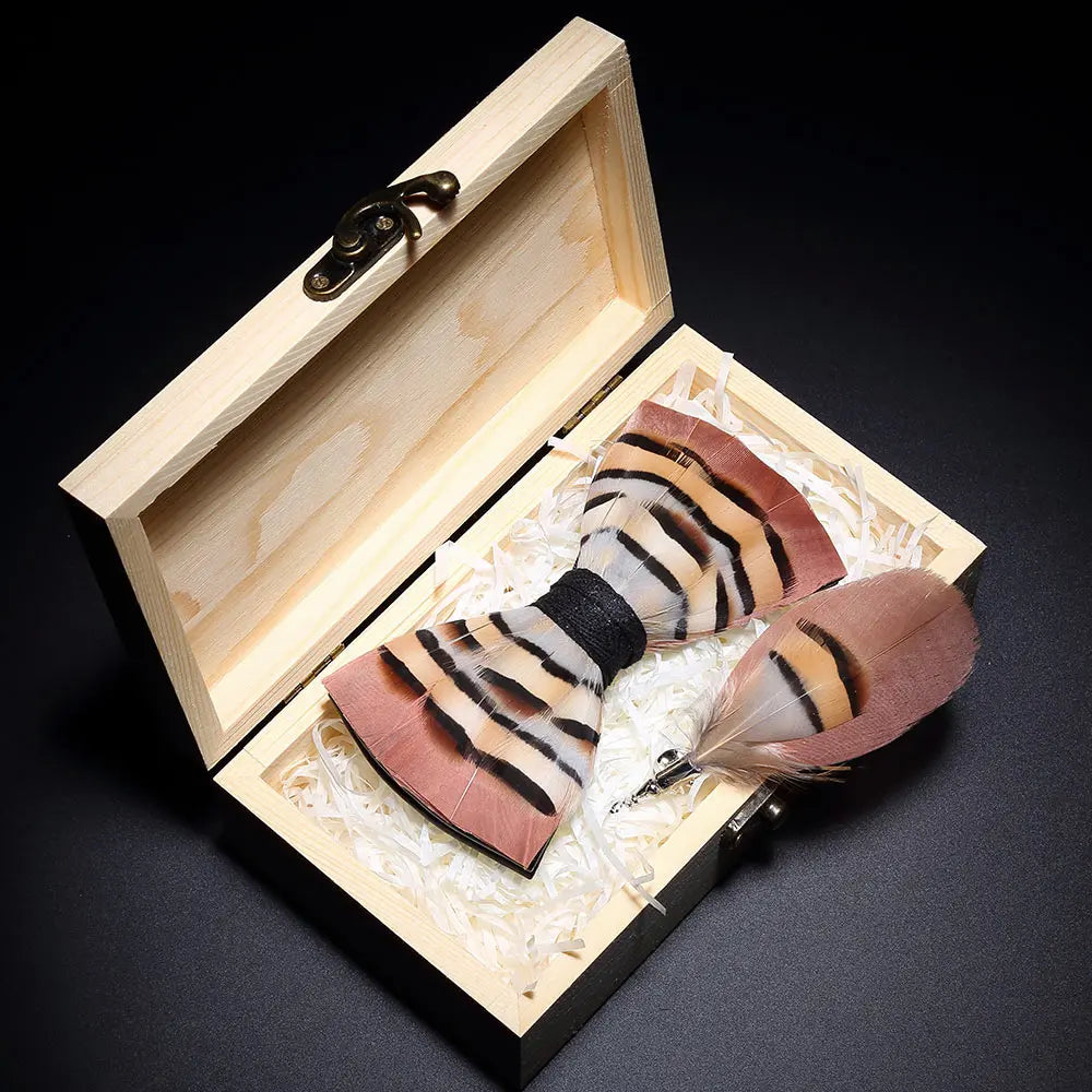 Handmade Woodland Feather Bow Ties & Lapel Pin Gift Box Set