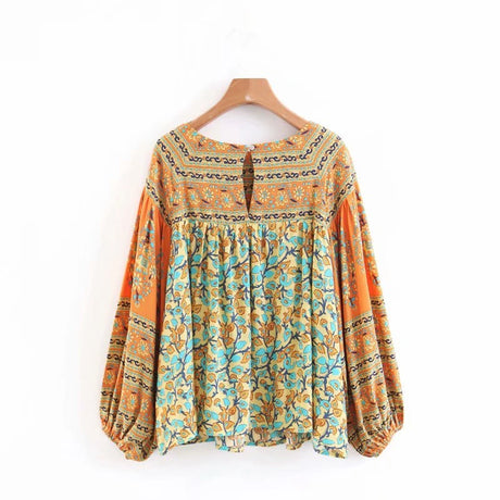 Sayra's Boho Sunshine Yellow Floral Print Long Sleeve Blouse Shirt