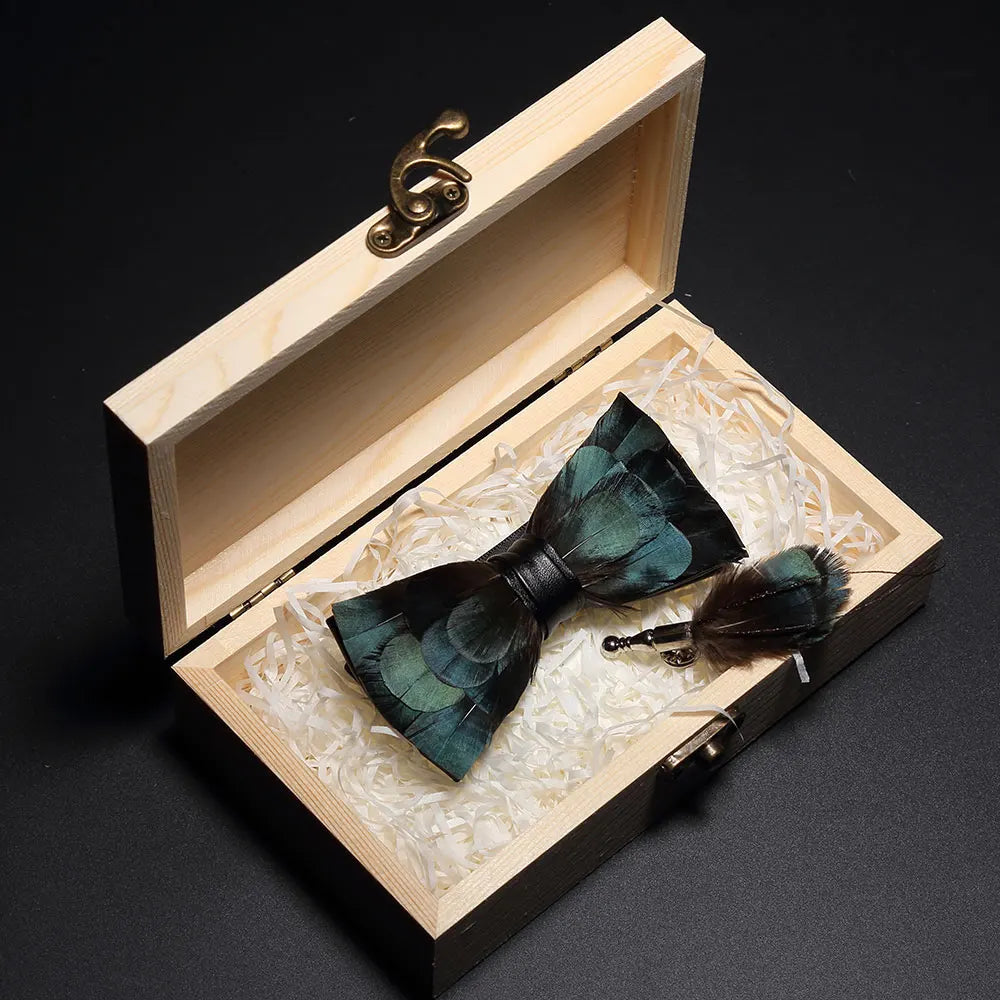 Handmade Woodland Feather Bow Ties & Lapel Pin Gift Box Set