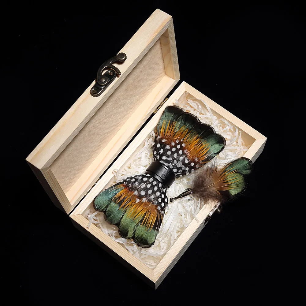 Handmade Woodland Feather Bow Ties & Lapel Pin Gift Box Set
