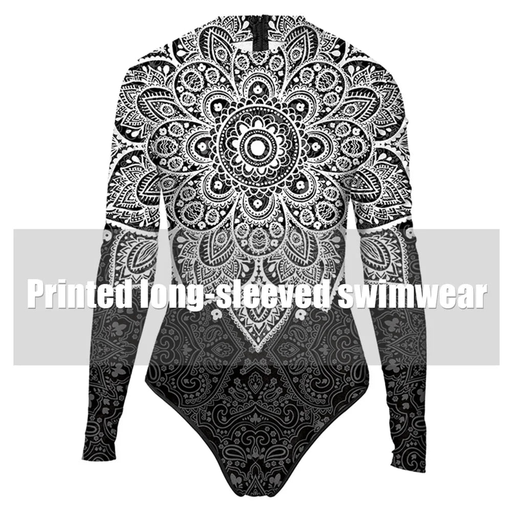 Mandala Printed Long Sleeve Swimwear One-piece Surfing Swimsuit