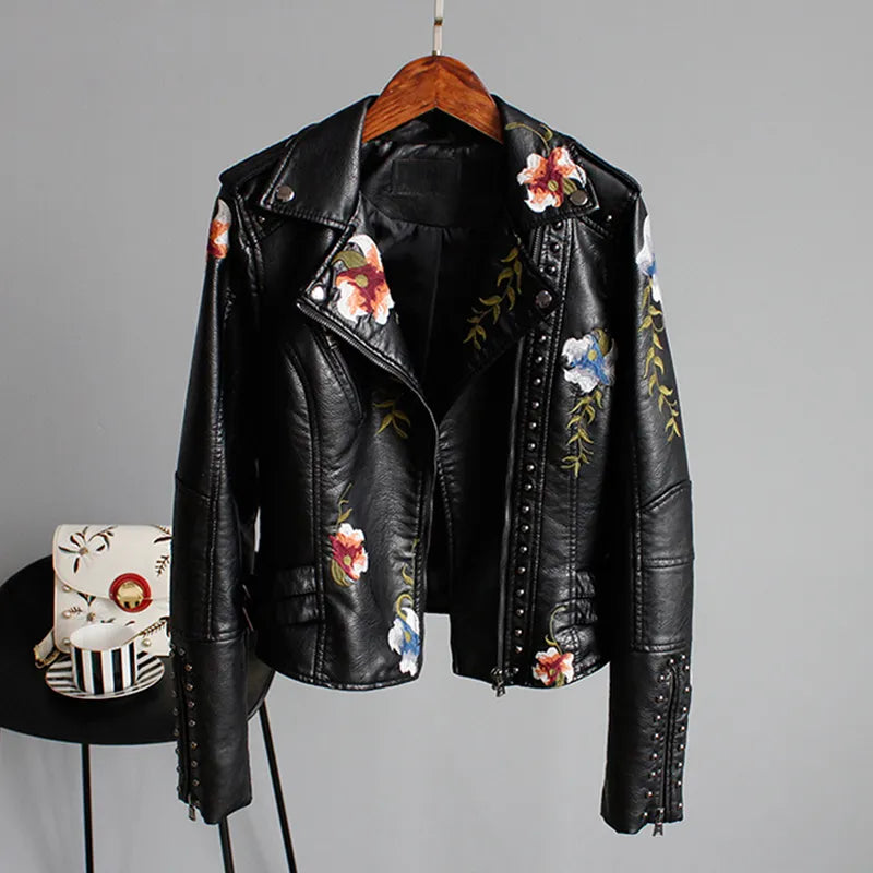 Wild Rose's Floral Print Embroidery Faux Soft Leather Motorcycle Jacket