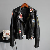 Wild Rose's Floral Print Embroidery Faux Soft Leather Motorcycle Jacket