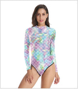 Mermaid Scales Printed Long Sleeve Swimwear One-piece Surfing Swimsuit