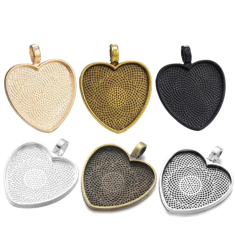 Ten Heart Cabochon Pendant Bases 25mm Alloy Bezel Trays DIY Jewellery Making Supplies