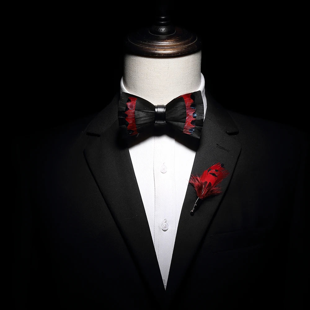 Handmade Woodland Feather Bow Ties & Lapel Pin Gift Box Set
