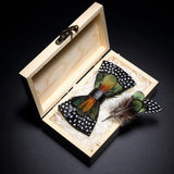 Handmade Woodland Feather Bow Ties & Lapel Pin Gift Box Set