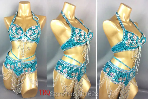 Beaded Sequins Belly Dancing Belt+Bra Samba Costumes