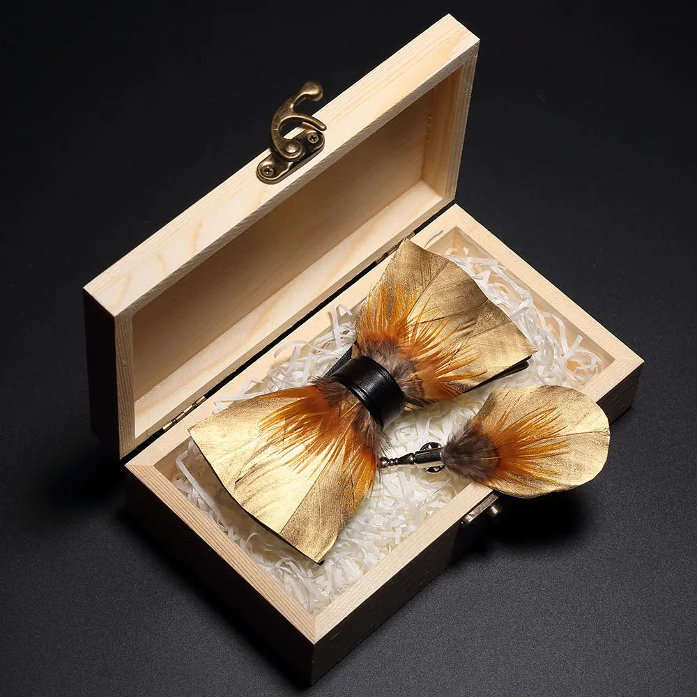 Handmade Woodland Feather Bow Ties & Lapel Pin Gift Box Set