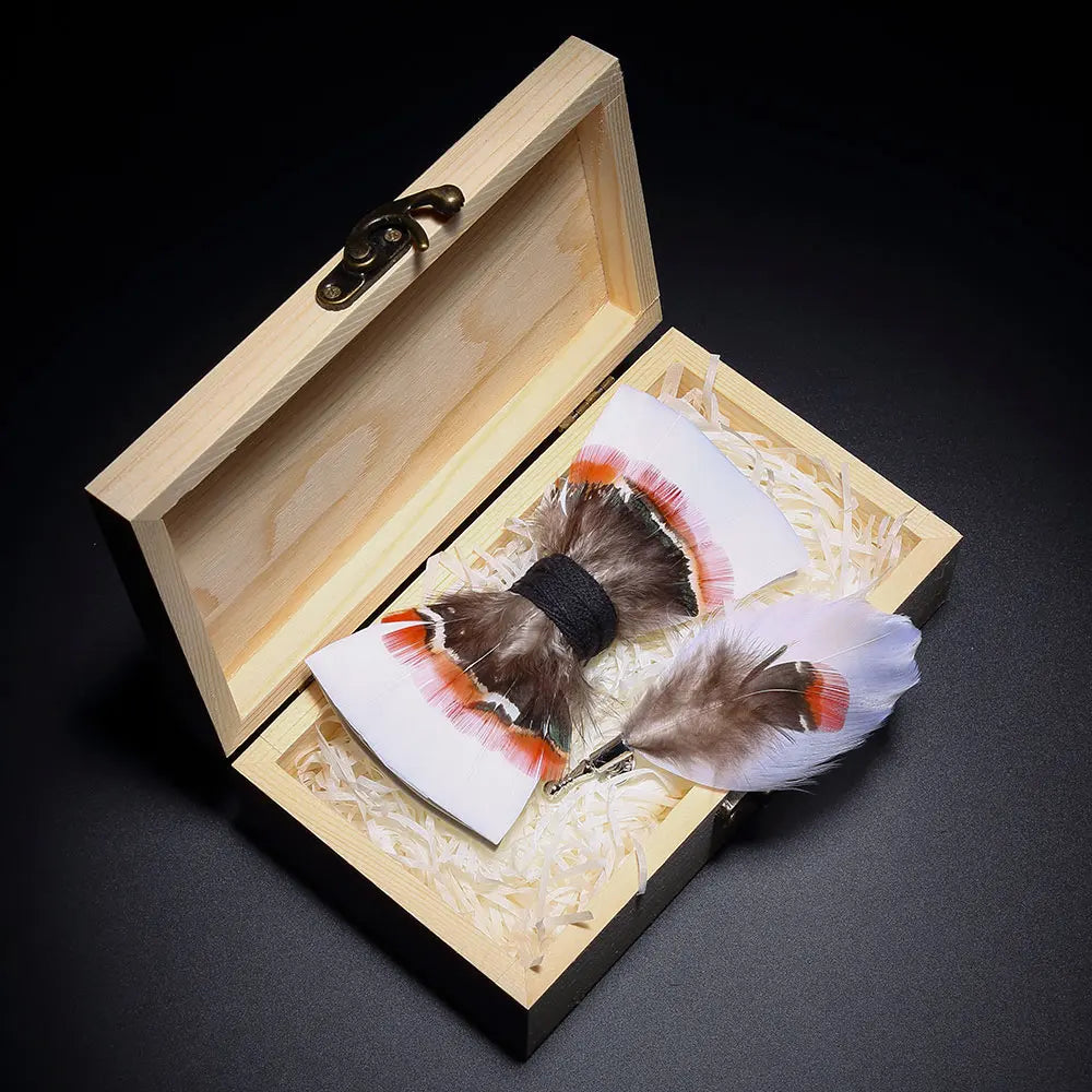 Handmade Woodland Feather Bow Ties & Lapel Pin Gift Box Set