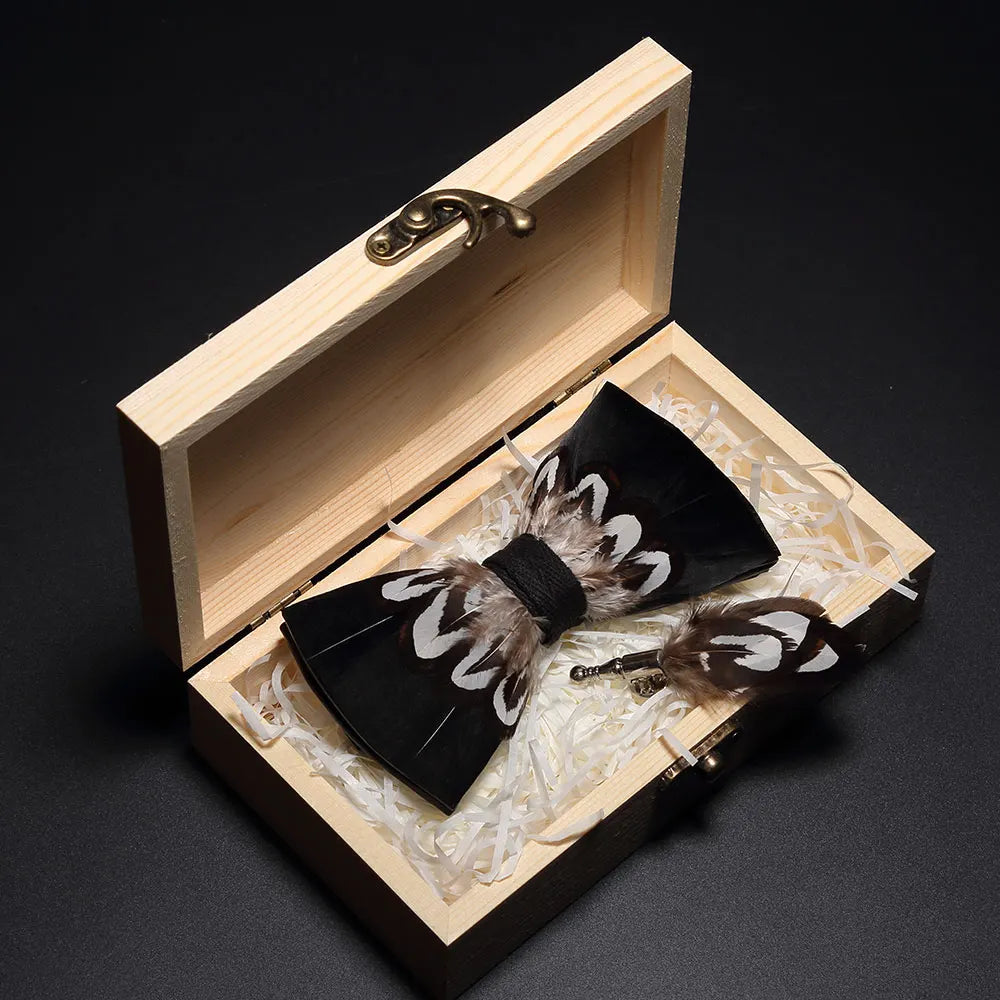 Handmade Woodland Feather Bow Ties & Lapel Pin Gift Box Set