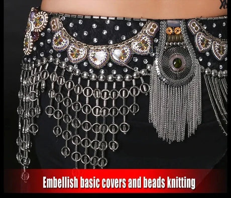 Tribal Fusion Belly Dance Clothes 3pcs Outfit Tops Belt and Pants Women Dance Costume