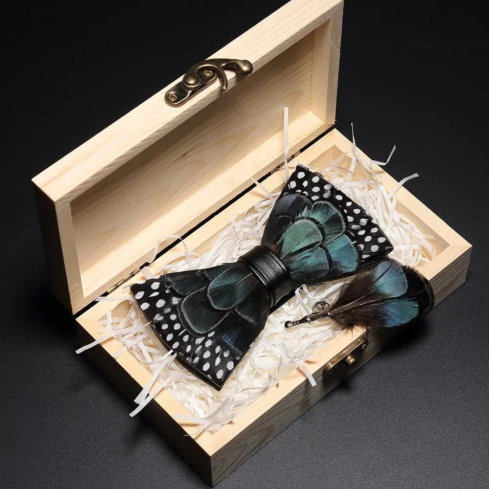 Handmade Woodland Feather Bow Ties & Lapel Pin Gift Box Set