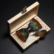 Handmade Woodland Feather Bow Ties & Lapel Pin Gift Box Set