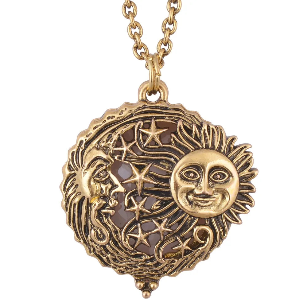 Magnifying Glass Pendant Sun with Moon and Stars Necklace