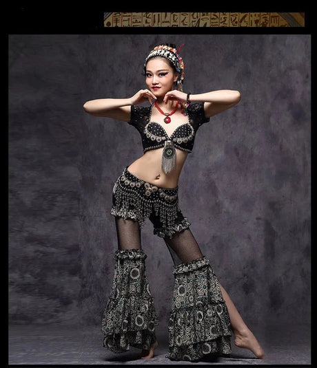 Tribal Fusion Belly Dance Clothes 3pcs Outfit Tops Belt and Pants Women Dance Costume