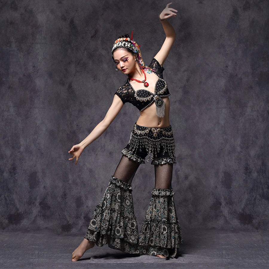 Tribal Fusion Belly Dance Clothes 3pcs Outfit Tops Belt and Pants Women Dance Costume