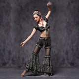 Tribal Fusion Belly Dance Clothes 3pcs Outfit Tops Belt and Pants Women Dance Costume