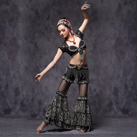 Tribal Fusion Belly Dance Clothes 3pcs Outfit Tops Belt and Pants Women Dance Costume