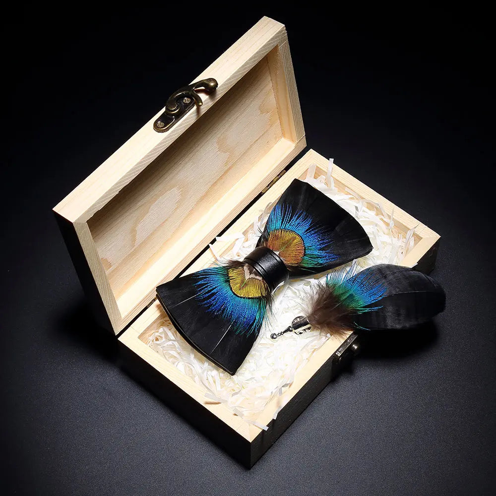 Handmade Woodland Feather Bow Ties & Lapel Pin Gift Box Set