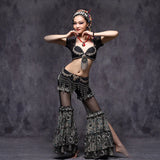 Tribal Fusion Belly Dance Clothes 3pcs Outfit Tops Belt and Pants Women Dance Costume