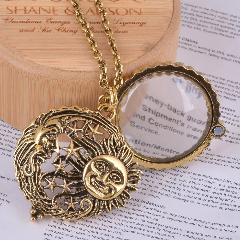 Magnifying Glass Pendant Sun with Moon and Stars Necklace