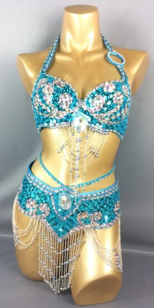 Beaded Sequins Belly Dancing Belt+Bra Samba Costumes