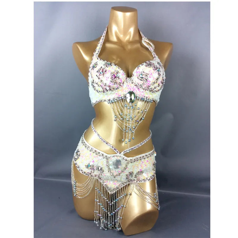 Beaded Sequins Belly Dancing Belt+Bra Samba Costumes