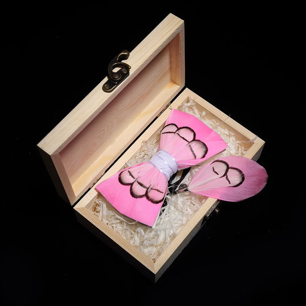 Handmade Woodland Feather Bow Ties & Lapel Pin Gift Box Set