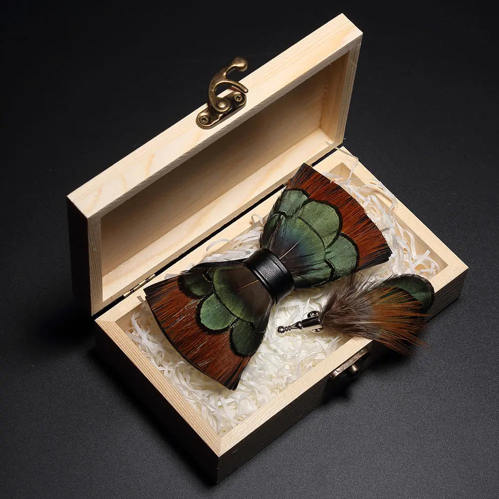 Handmade Woodland Feather Bow Ties & Lapel Pin Gift Box Set
