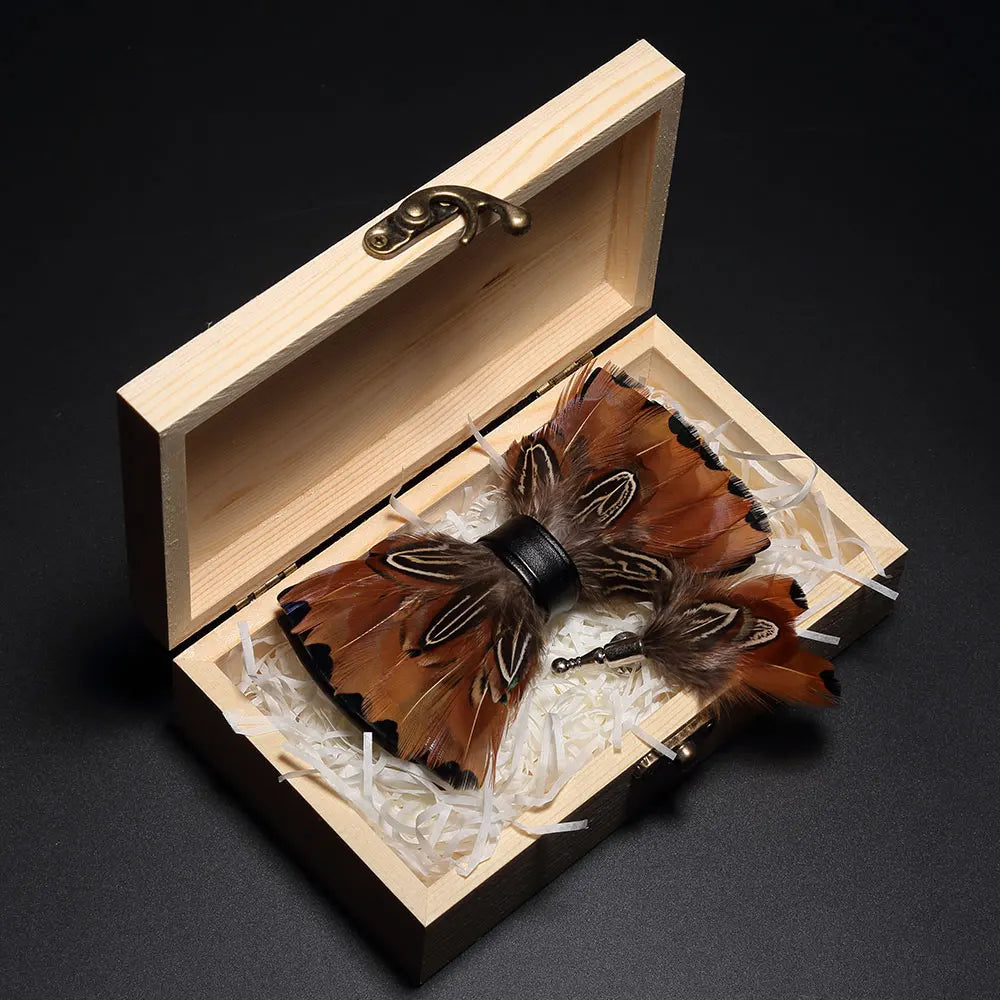Handmade Woodland Feather Bow Ties & Lapel Pin Gift Box Set