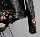Wild Rose's Floral Print Embroidery Faux Soft Leather Motorcycle Jacket
