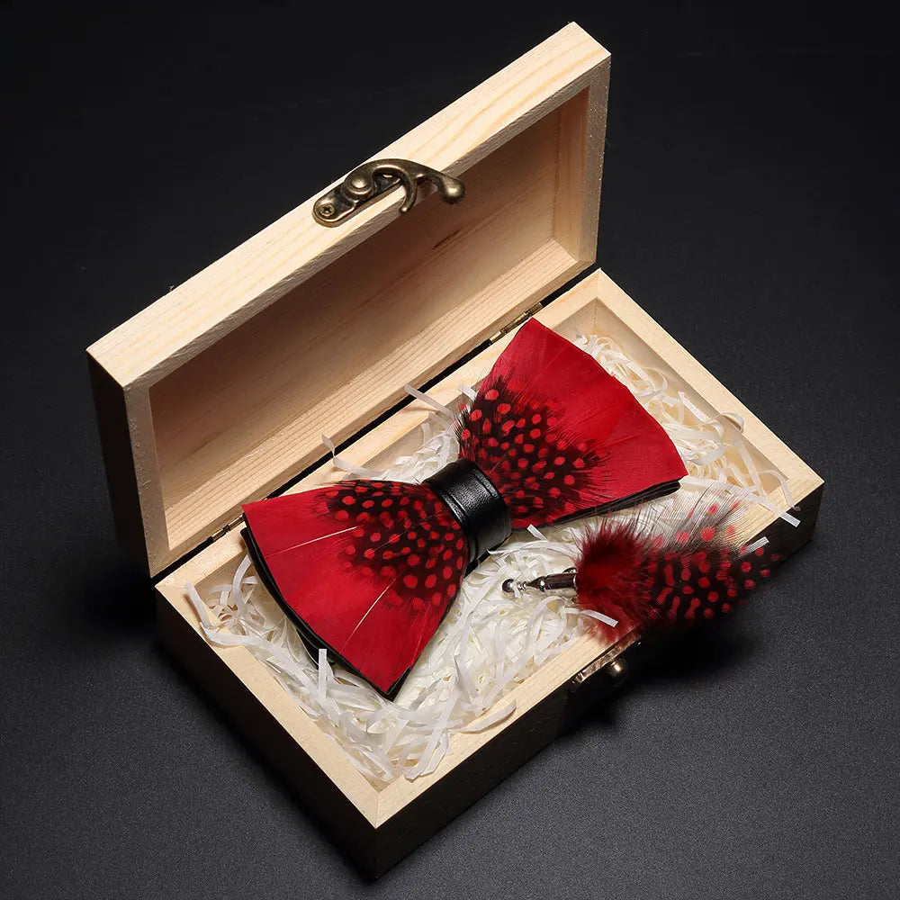 Handmade Woodland Feather Bow Ties & Lapel Pin Gift Box Set