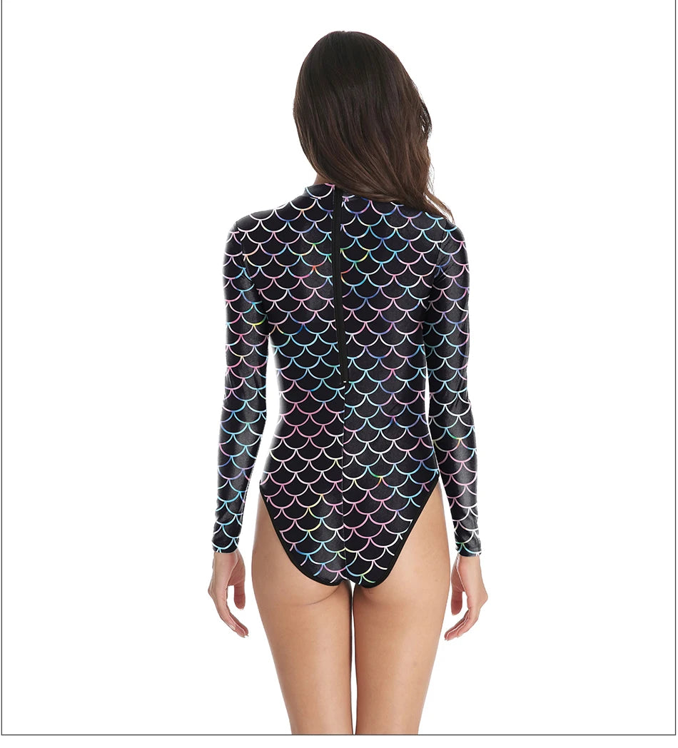 Mermaid Scales Printed Long Sleeve Swimwear One-piece Surfing Swimsuit