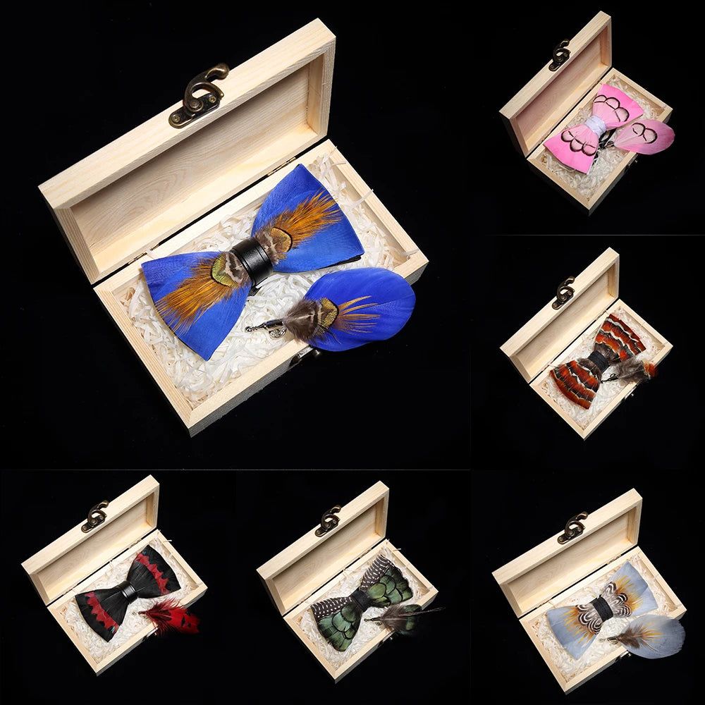 Handmade Woodland Feather Bow Ties & Lapel Pin Gift Box Set