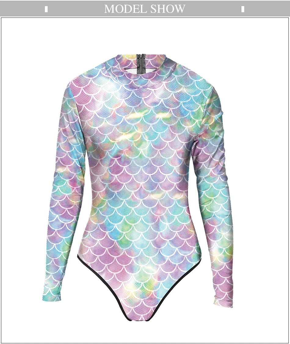 Mermaid Scales Printed Long Sleeve Swimwear One-piece Surfing Swimsuit