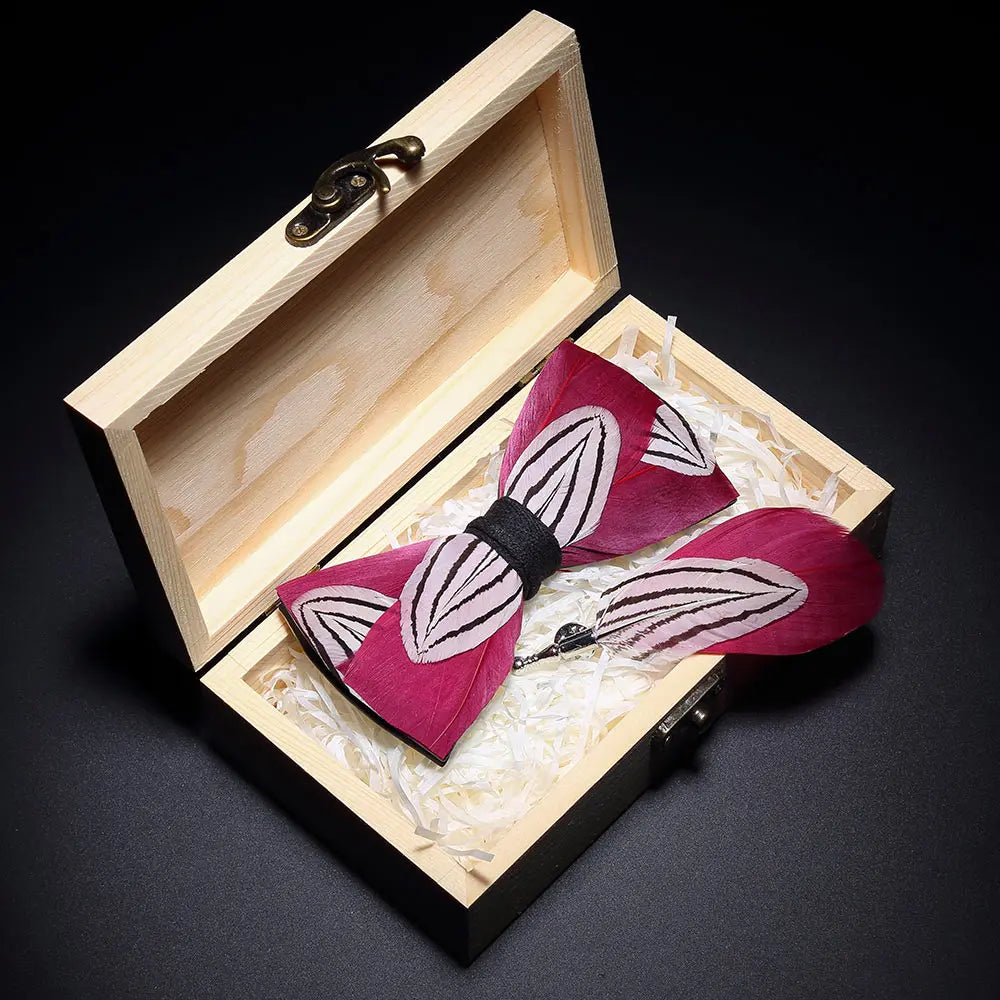 Handmade Woodland Feather Bow Ties & Lapel Pin Gift Box Set